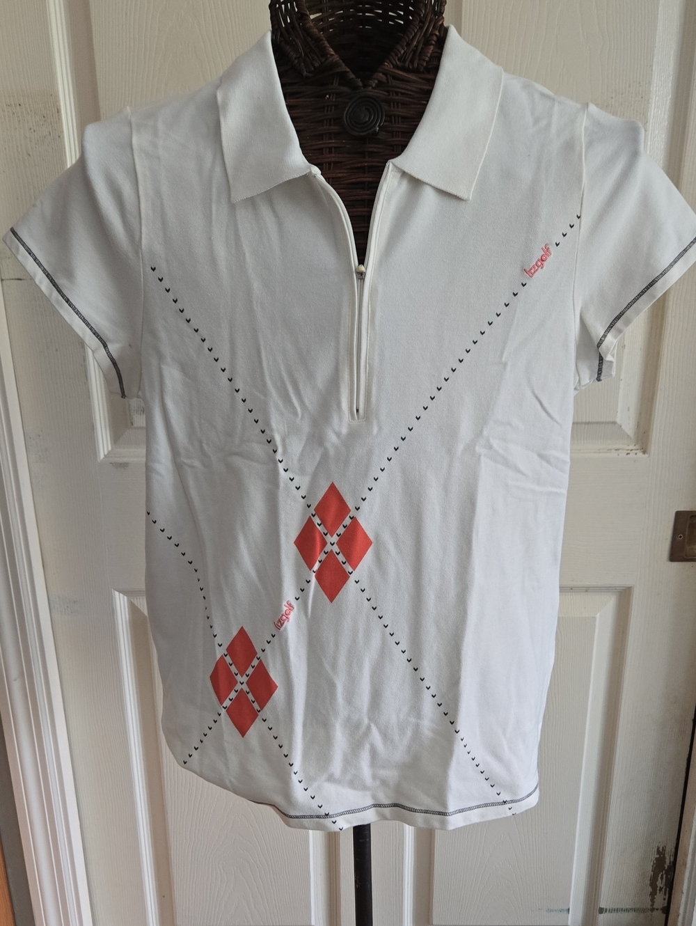 Liz Golf Women's White Polo Top with Peach  Argyle Detail-Size XL